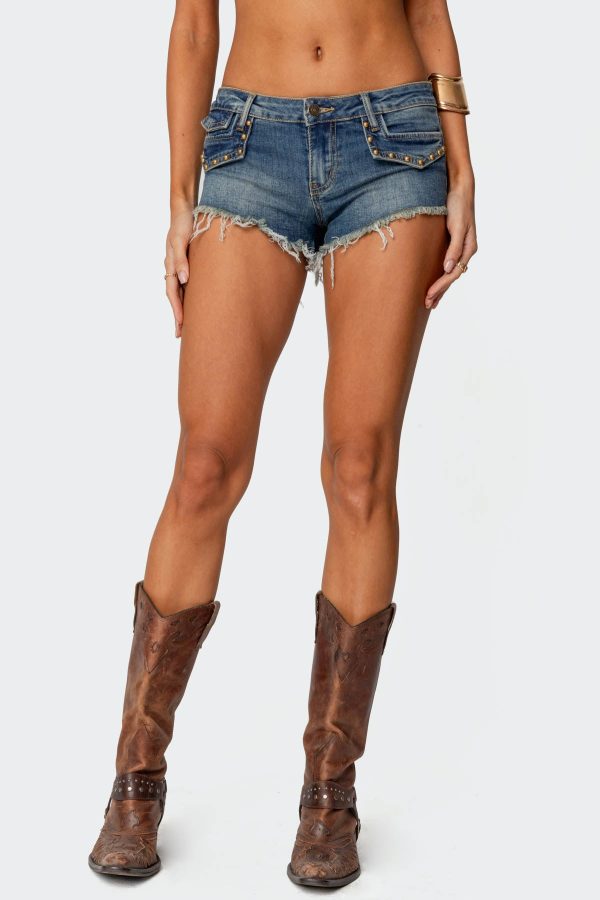 Studded Low Rise Denim Micro Shorts - Image 3