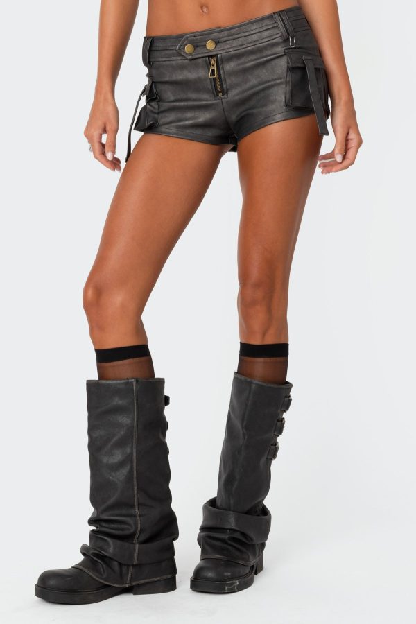 Washed Faux Leather Micro Cargo Shorts - Image 2