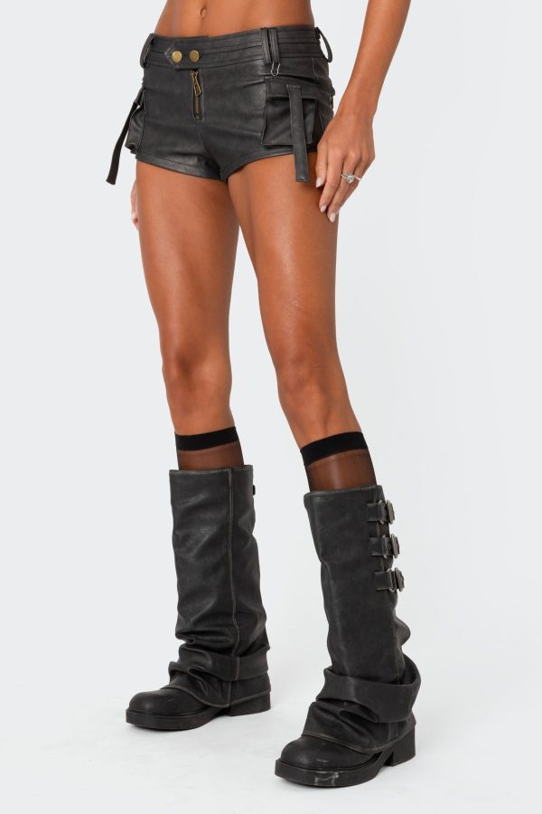 Washed Faux Leather Micro Cargo Shorts - Image 4