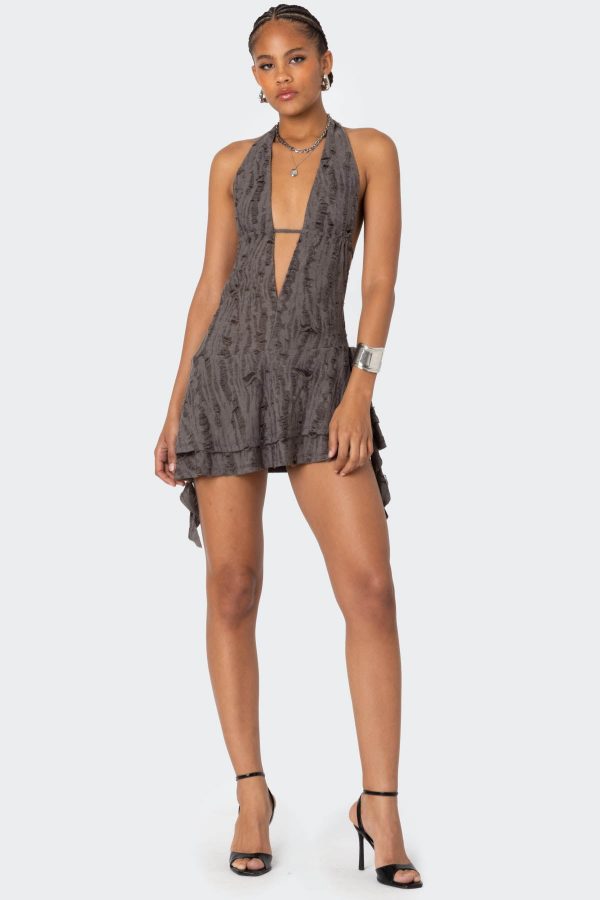 Shredded Backless Halter Mini Dress - Image 3