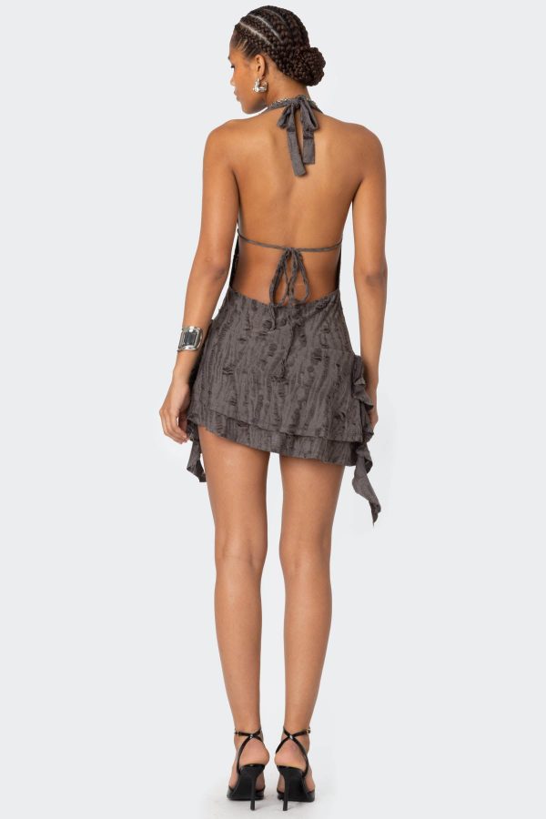 Shredded Backless Halter Mini Dress - Image 5